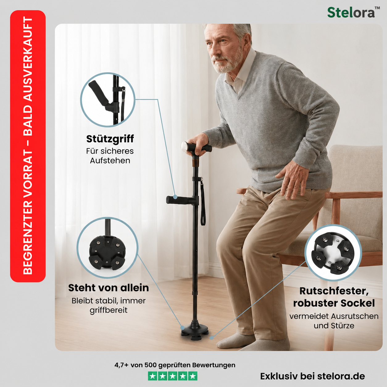 Stelora Gehstock – Sicher aufstehen & gehen mit Doppelgriff und LED