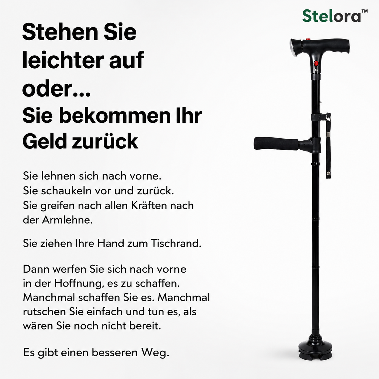 Stelora Gehstock – Sicher aufstehen & gehen mit Doppelgriff und LED