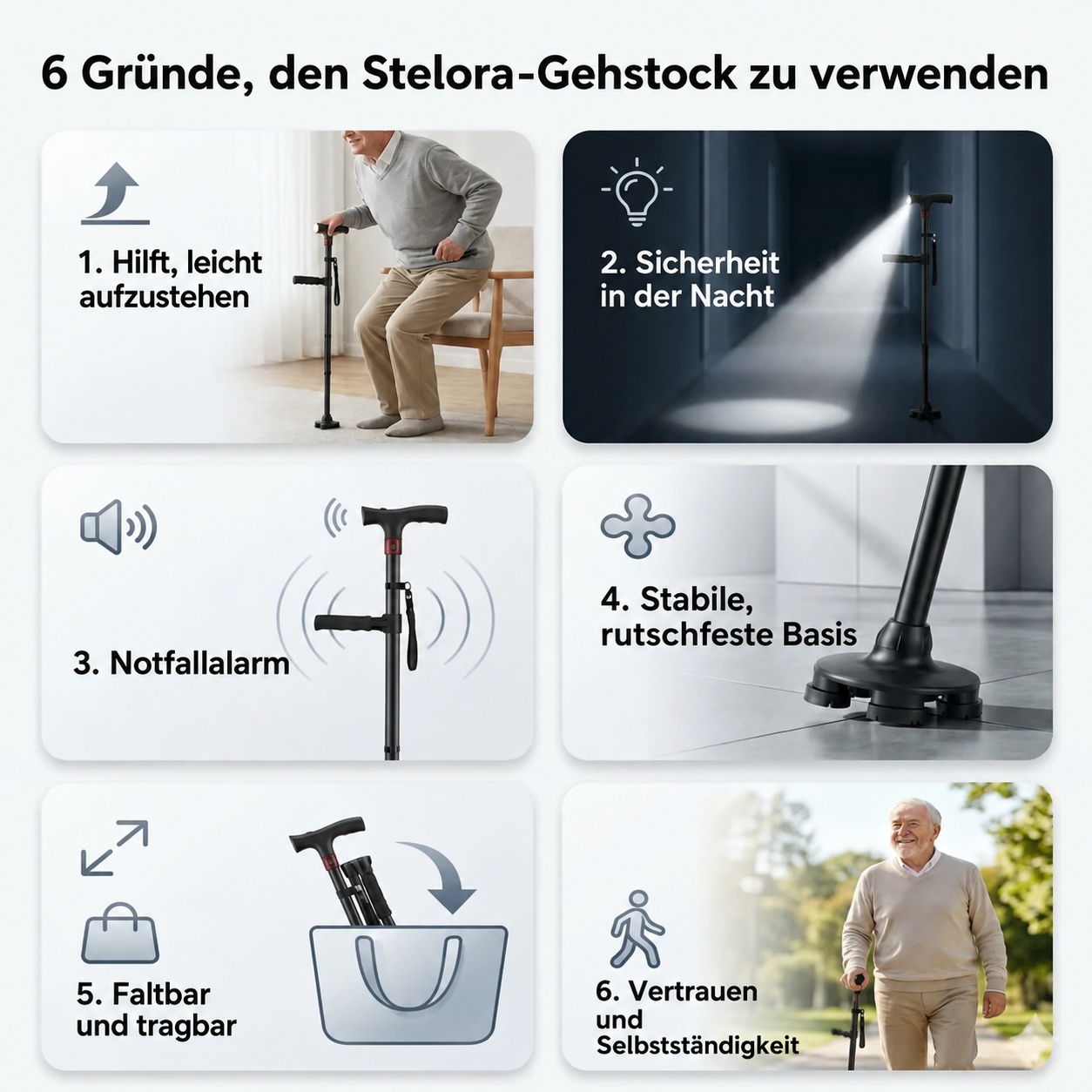 Stelora Gehstock – Sicher aufstehen & gehen mit Doppelgriff und LED