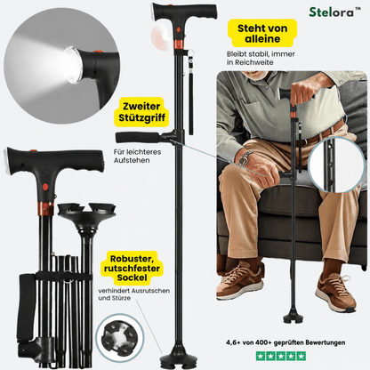 Stelora Gehstock – Sicher aufstehen & gehen mit Doppelgriff und LED