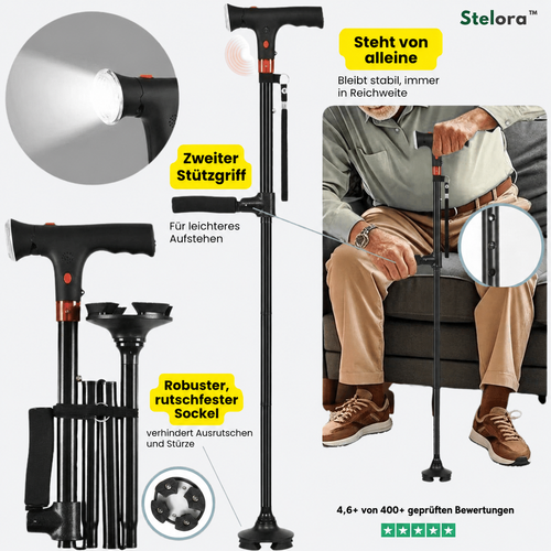 Stelora Gehstock – Sicher aufstehen & gehen mit Doppelgriff und LED